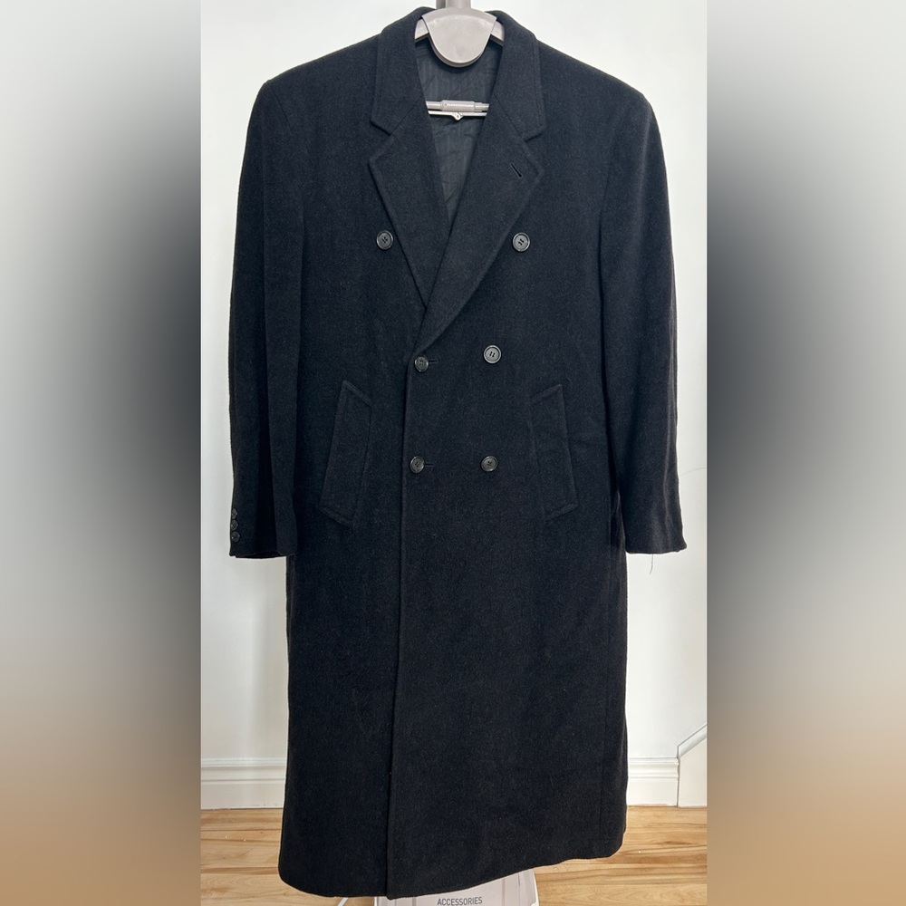 Men’s Black Wool Blend Overcoat Size 42 Double Breasted Long Coat Classic